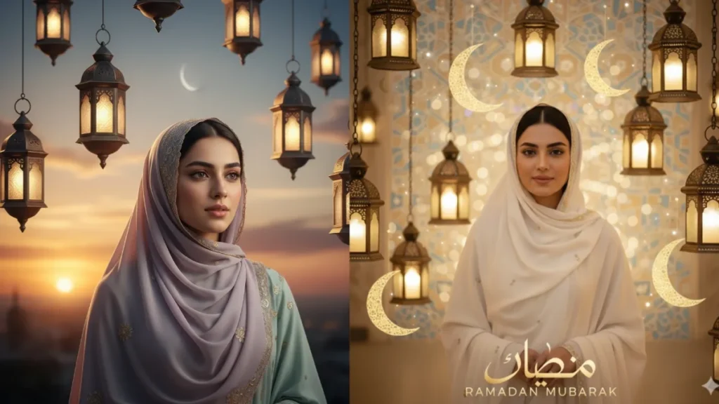 Realistic portrait of a girl enhanced using Gemini AI photo editing prompts for Ramadan with warm golden lighting